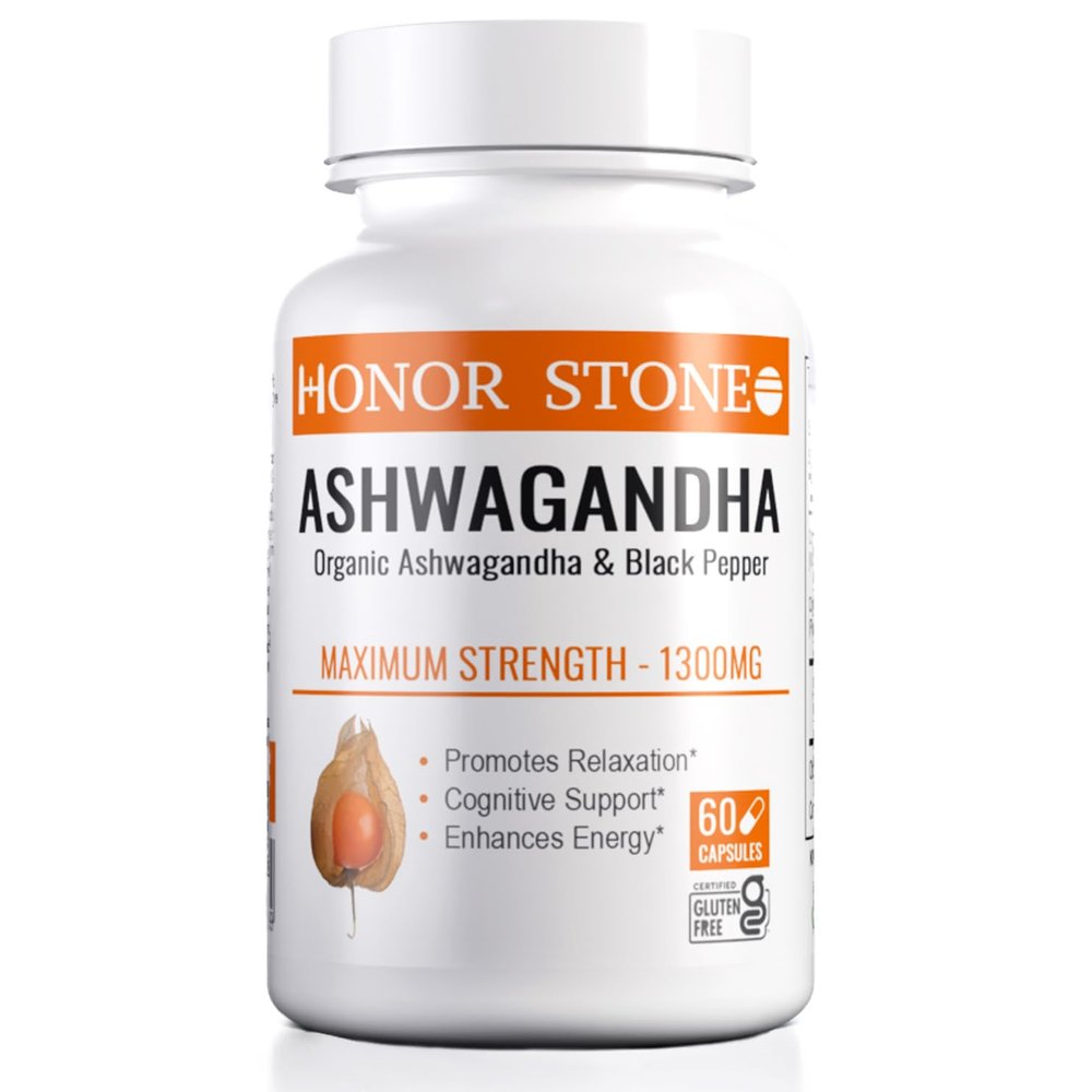 Honor Stone - Organic Ashwagandha with Organic Black Pepper, High Strength 1300mg. 60 Vegan Capsules. Promotes Calm, Relaxation & Cognitive Support. Premium Ashwagandha Root. (Not Gummies or Powder)