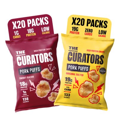 THE CURATORS High Protein Pork Puffs Mixed Pack, 10 x Original Salted, 10 x Smoky Bacon, 25g (20 Packs) High Protein Crisp Low Carb Keto Gluten Free Savoury Snack