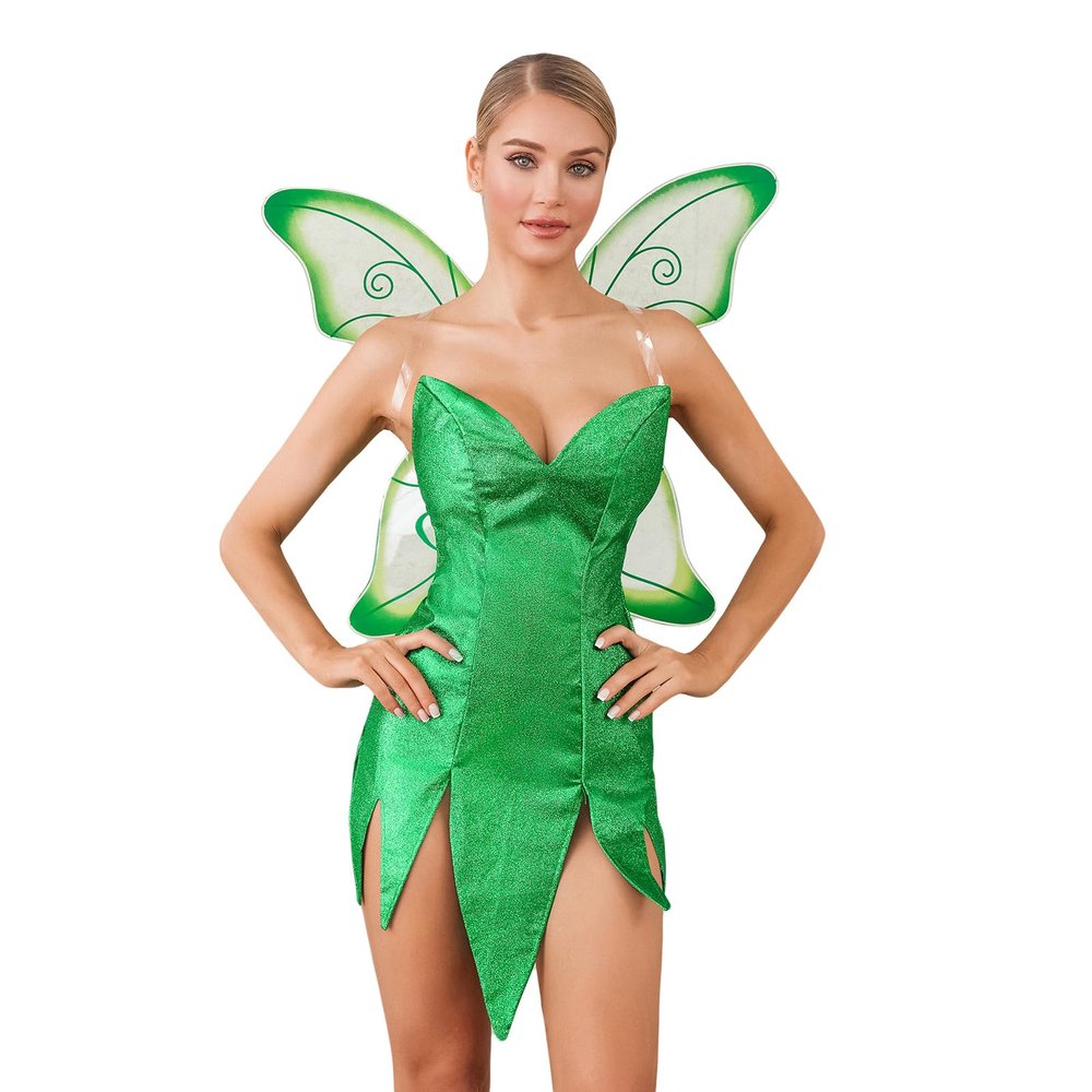 Women's Forest Fairy Costume Pretty Pixie Princess Cosplay Sexy Tube Dress with Wings Halloween Themed Party Dress (D-Green, S)