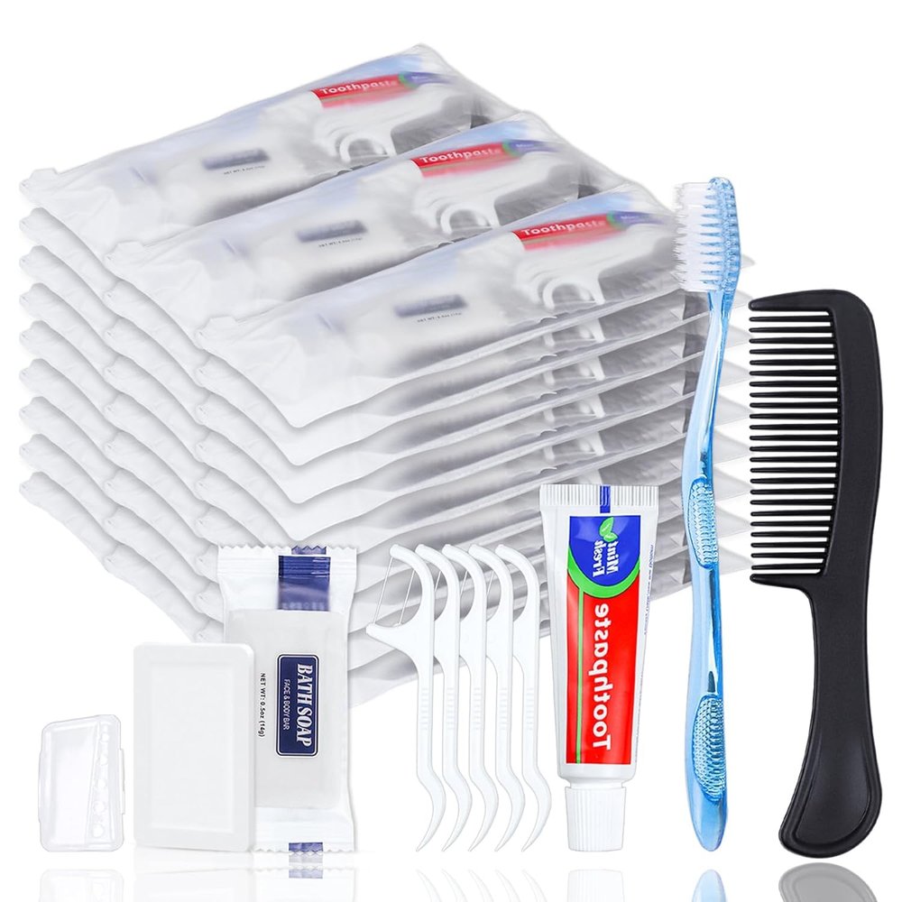 5 Sets of Personal Hygiene Kit, Disposable Toothbrushes with Toothpaste, Floss, Comb, Soap and Cover, Toiletry Kit for Homeless in Block