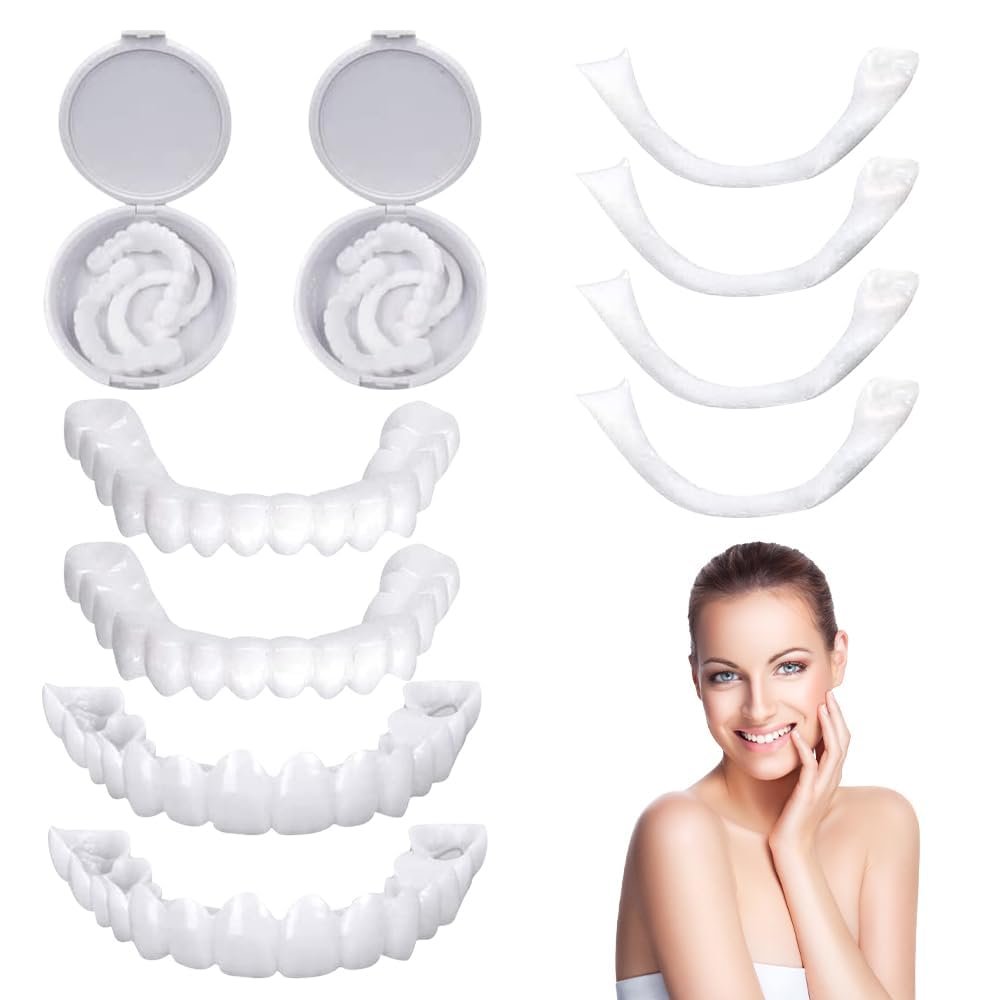 1 Pair Instant Veneer Dentures Upper & Lower Set Fake Tooth Braces, Temporary Dentures False Teeth Veneers - Confident Smile Enhancer for Men and Women Adult