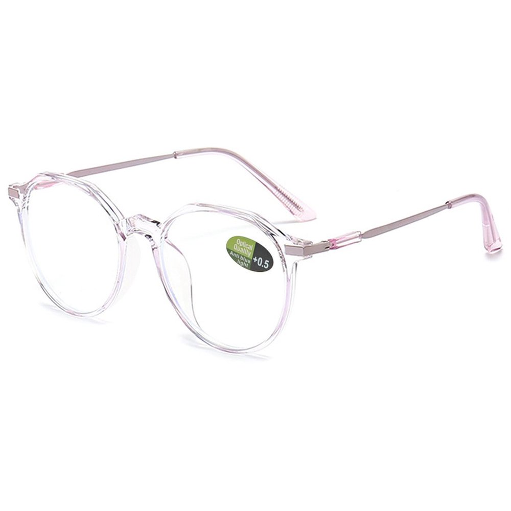 ABETOS Womens Mens Reading Glasses Retro Polygon Metal Blue Light Blocking Readers Fashion Lightweight Round Lens Eyeglasses Anti Eyestrain, Transparent Purple 200