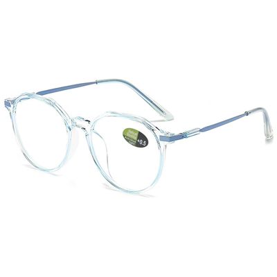 ABETOS Womens Mens Reading Glasses Retro Polygon Metal Blue Light Blocking Readers Fashion Lightweight Round Lens Eyeglasses Anti Eyestrain, Transparent Blue 050
