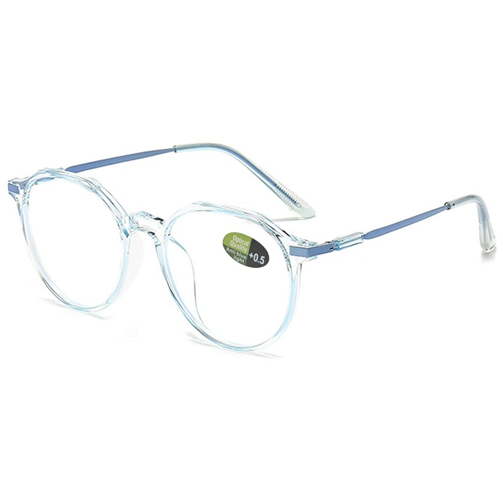 ABETOS Womens Mens Reading Glasses Retro Polygon Metal Blue Light Blocking Readers Fashion Lightweight Round Lens Eyeglasses Anti Eyestrain, Transparent Blue 050
