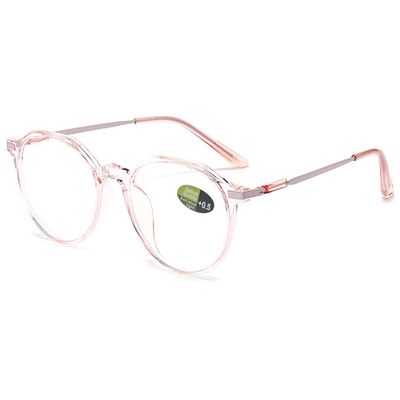 ABETOS Womens Mens Reading Glasses Retro Polygon Metal Blue Light Blocking Readers Fashion Lightweight Round Lens Eyeglasses Anti Eyestrain, Transparent Pink 150