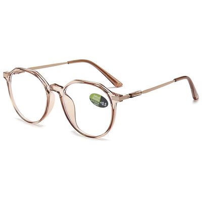 ABETOS Womens Mens Reading Glasses Retro Polygon Metal Blue Light Blocking Readers Fashion Lightweight Round Lens Eyeglasses Anti Eyestrain, Transparent Brown 050