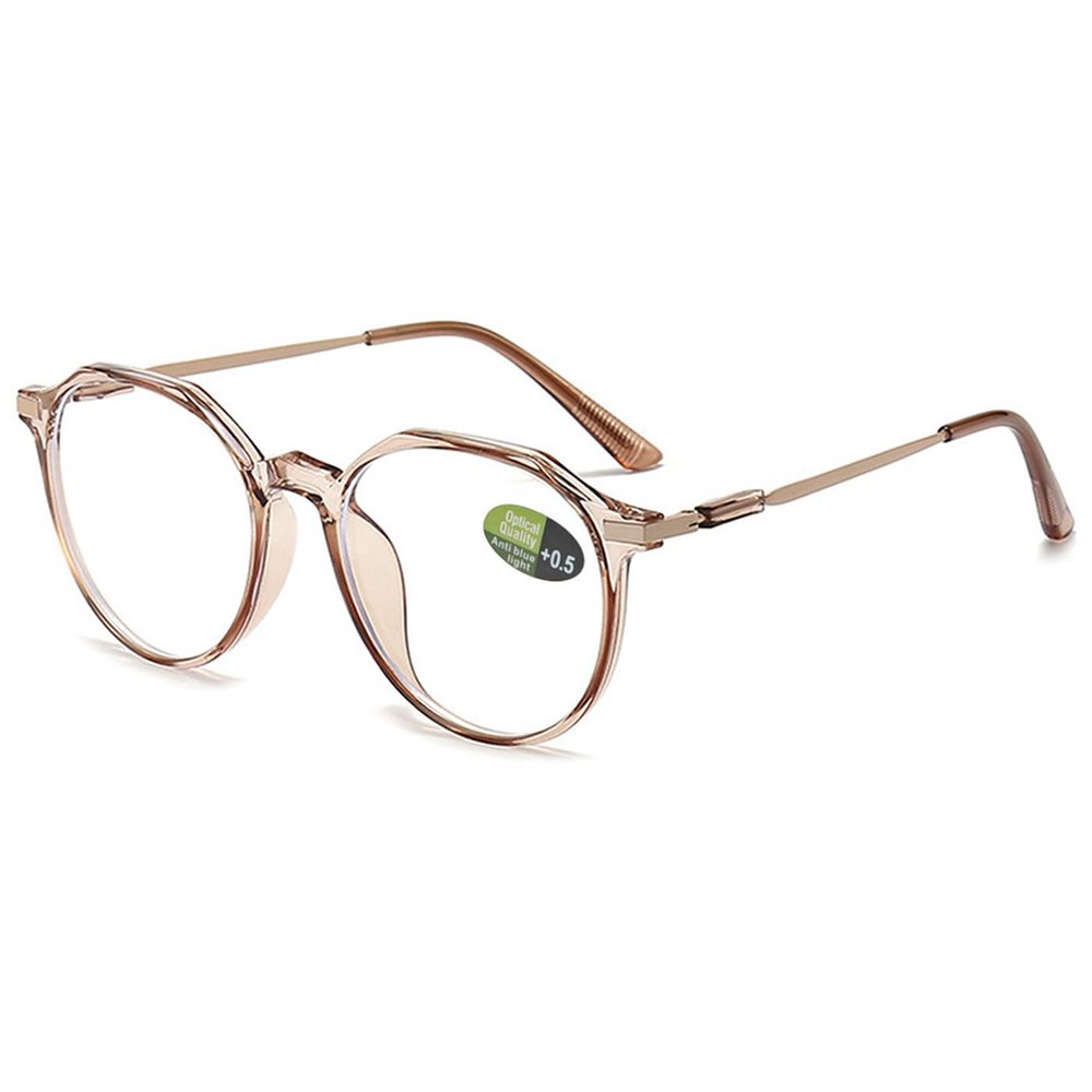 ABETOS Womens Mens Reading Glasses Retro Polygon Metal Blue Light Blocking Readers Fashion Lightweight Round Lens Eyeglasses Anti Eyestrain, Transparent Brown 050