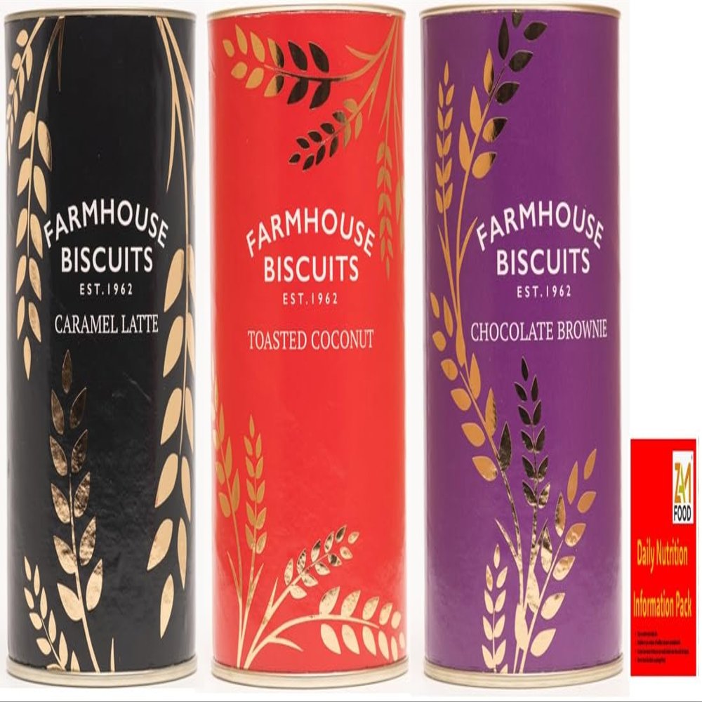 Farmhouse Biscuits Mixed Flavours Luxury Selection Tubes, Caramel Latte Toasted Coconut Chocolate Brownie 3x100g each, Perfect for Gifting, Available for Hampers on all Occasion (Bundle 3 (3 x 100g))
