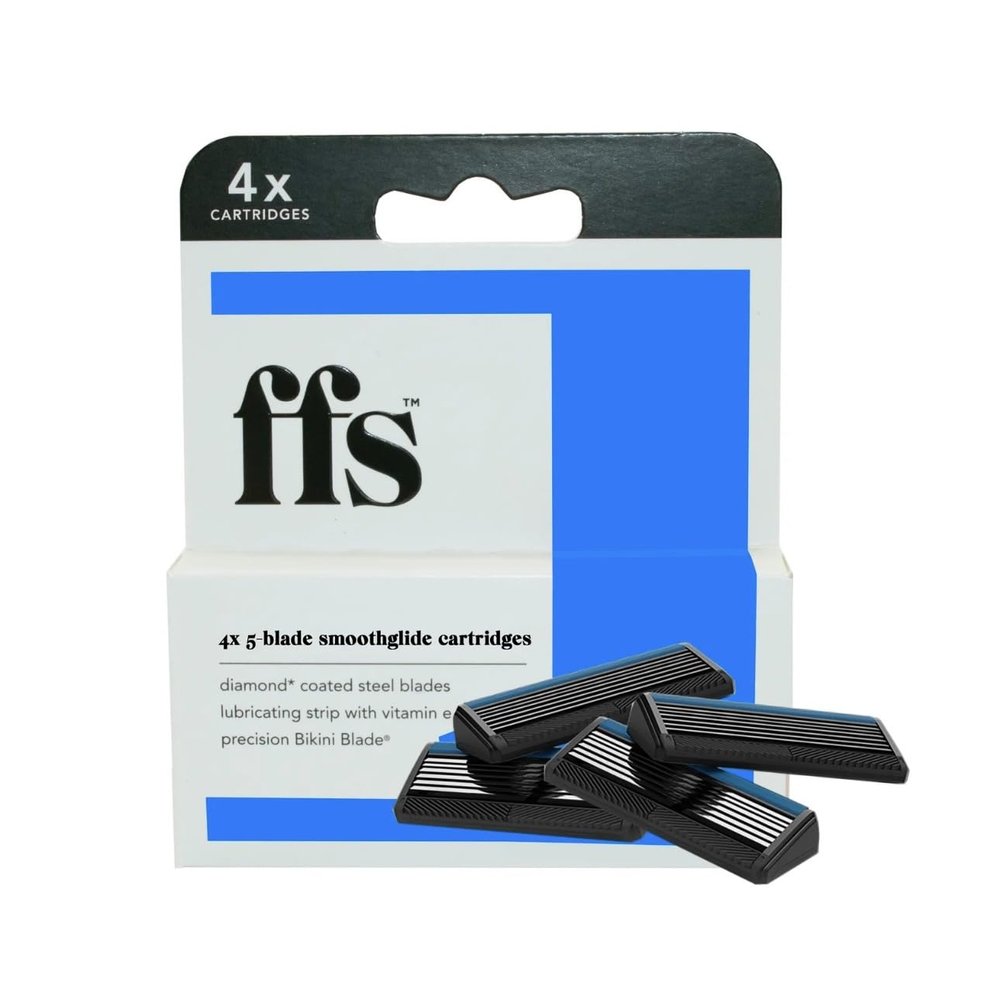 FFS Beauty 5-Blade SmoothGlide Razor Cartridge Head Refills - Durable, Diamond Coated Titanium Blade & Styling Trimmer - Blue (8)