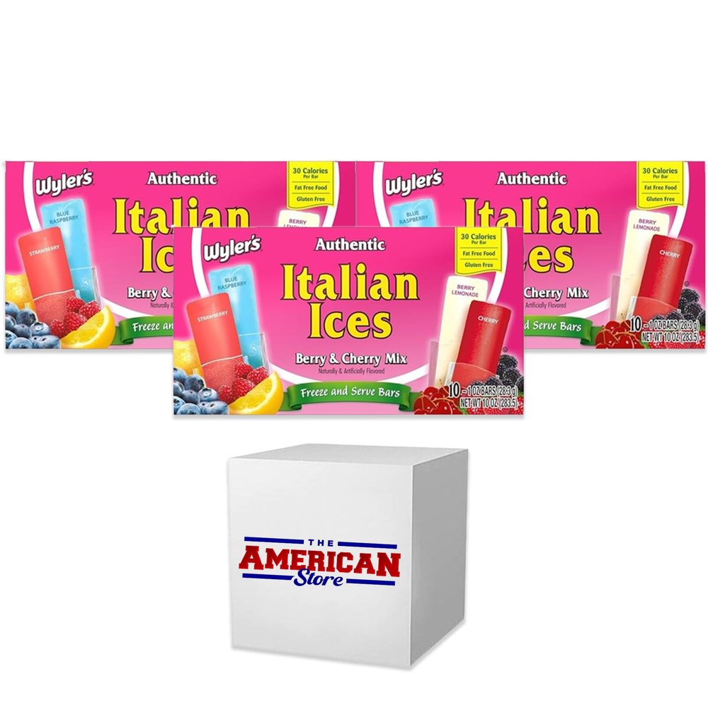 Wyler's Italian Ice I Fat Free Freezer Bars I Berry & Cherry Mix I 1oz 10 count Pack of 3 I US Import