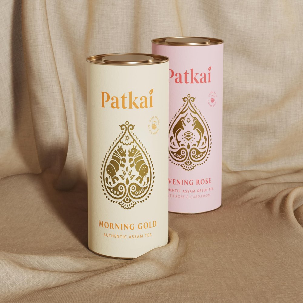 Tea Gift Box with Patkai Morning Gold (Breakfast Tea, Robust and Strong Assam Tea) and Evening Rose (Calming, Relaxing Blend of Green Tea with Rose & Cardamom) Teas, 2 x 100 gm Caddies