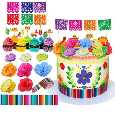 Mexican Fiesta Cake Topper Mini Mexican Papel Picado Banner Mexican Serape Ribbon and Flower for Mexican Themed Party Decorations