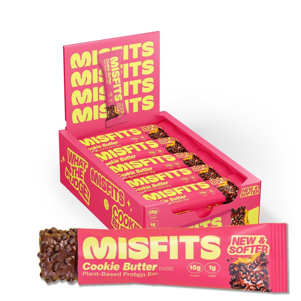 Misfits Vegan Protein Bars - Cookie Butter | Sports Nutrition Bars - 15 grams Protein | 1 gram Sugar | Plant-Based, Low Carb, High Fibre | No Palm Oil | Non-GMO | Pack of 15