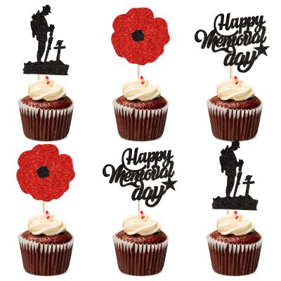 Keaziu 24 Pack Happy Memorial Day Red Flower Cupcake Picks Thanks For Your Service American National Memorial Day Theme Party Cake Decorations Supplies