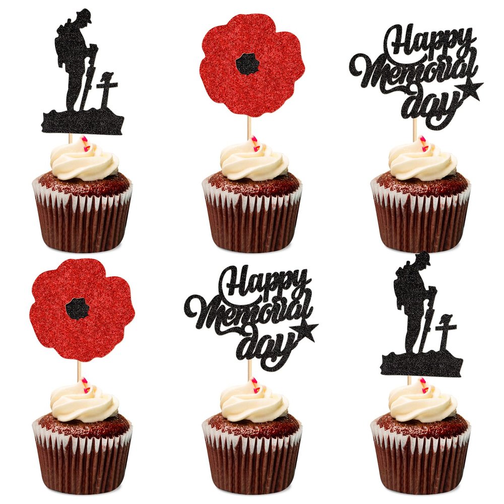 Keaziu 24 Pack Happy Memorial Day Red Flower Cupcake Picks Thanks For Your Service American National Memorial Day Theme Party Cake Decorations Supplies