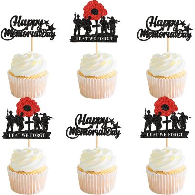Keaziu 24 Pack Happy Memorial Day Red Flower Cupcake Picks Thanks For Your Service American National Memorial Day Theme Party Cake Decorations Supplies