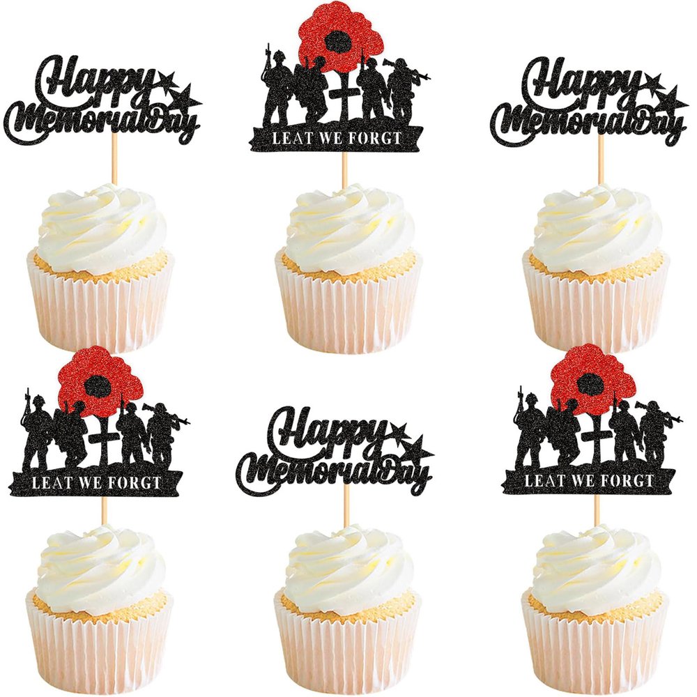 Keaziu 24 Pack Happy Memorial Day Red Flower Cupcake Picks Thanks For Your Service American National Memorial Day Theme Party Cake Decorations Supplies