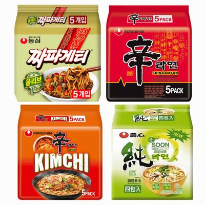 Starry Mart NS Ramyun Original, Kimchi, Chapagetti Chajangmyun Jjajang, Soon Veggie Korean Ramen Noodles Mix Bundle (Pack of 20) HALAL - 4 Assorted Flavour