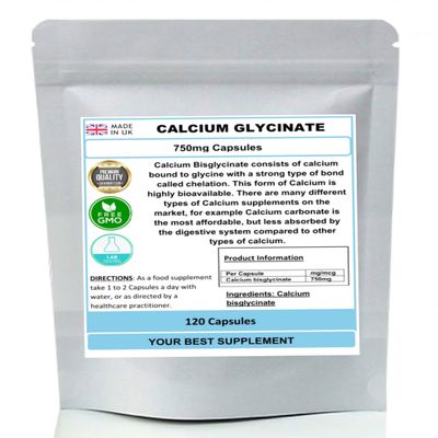 Calcium Glycinate Capsules 750mg (High Strength) Premium Quality, No Fillers (120)