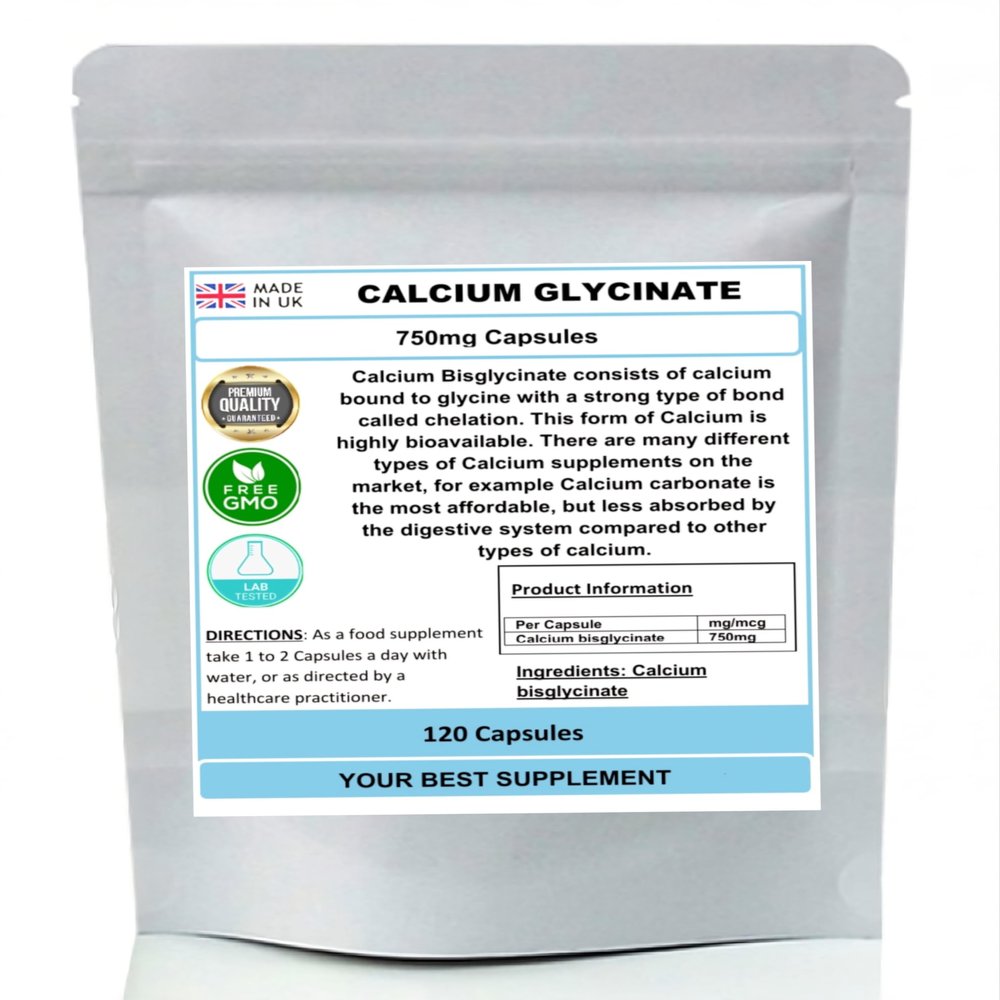 Calcium Glycinate Capsules 750mg (High Strength) Premium Quality, No Fillers (120)