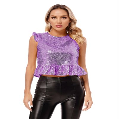 Agoky Womens Shiny Mermaid Costume Back Zipper Carnival Peplum Top Short Fly Sleeves Tops Lavender M
