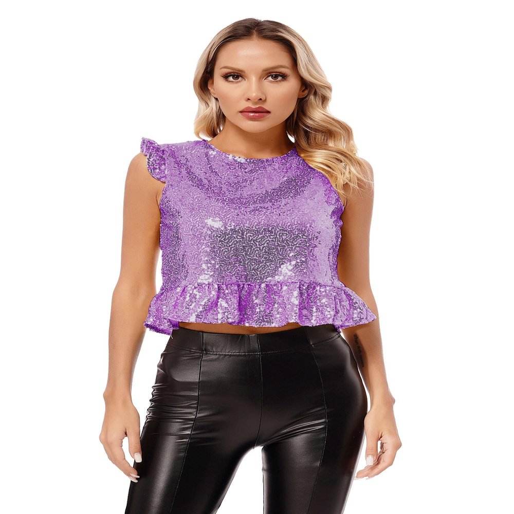 Agoky Womens Shiny Mermaid Costume Back Zipper Carnival Peplum Top Short Fly Sleeves Tops Lavender M