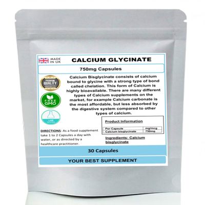 Calcium Glycinate Capsules 750mg (High Strength) Premium Quality, No Fillers (30)