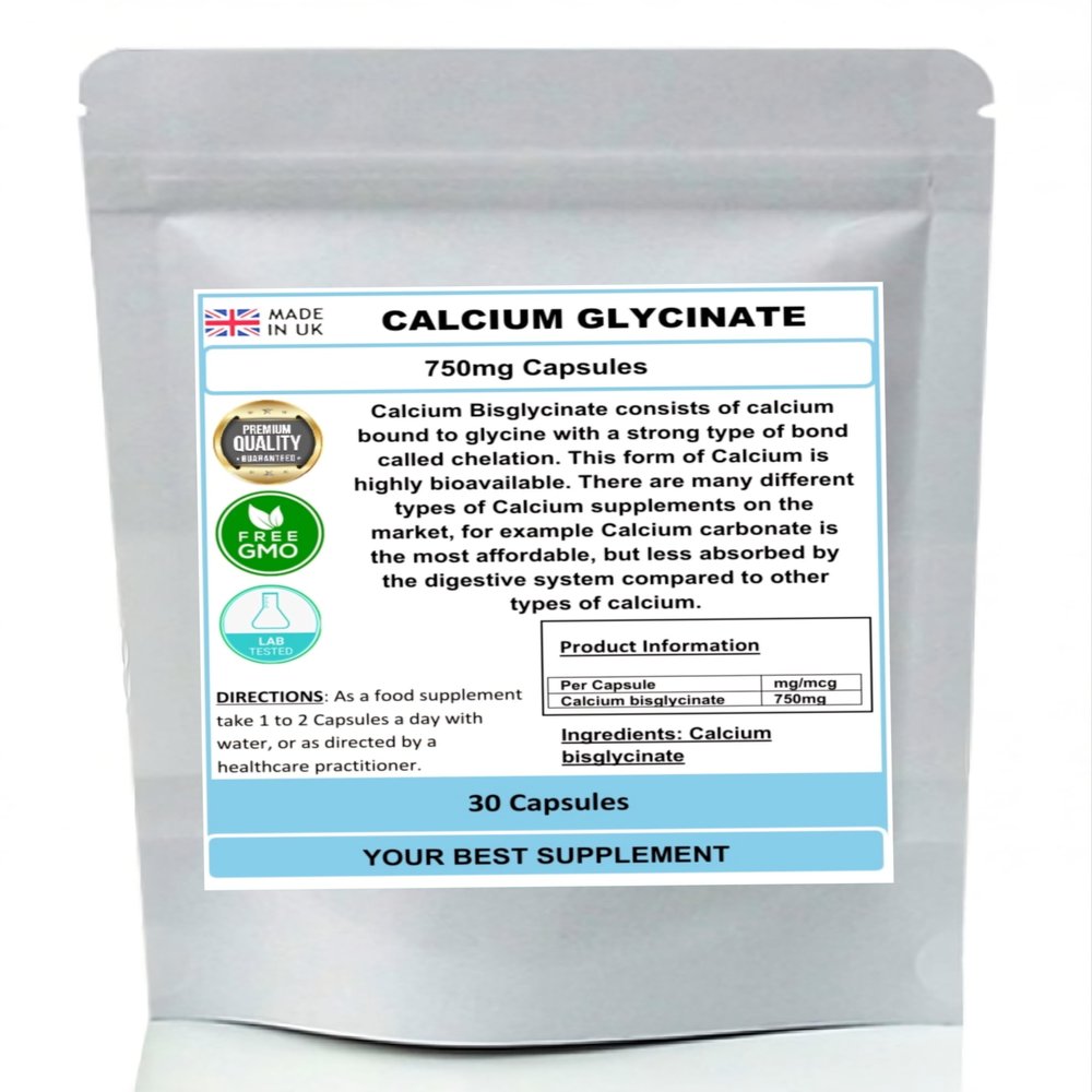Calcium Glycinate Capsules 750mg (High Strength) Premium Quality, No Fillers (30)