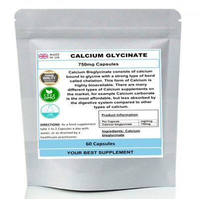 Calcium Glycinate Capsules 750mg (High Strength) Premium Quality, No Fillers (60)