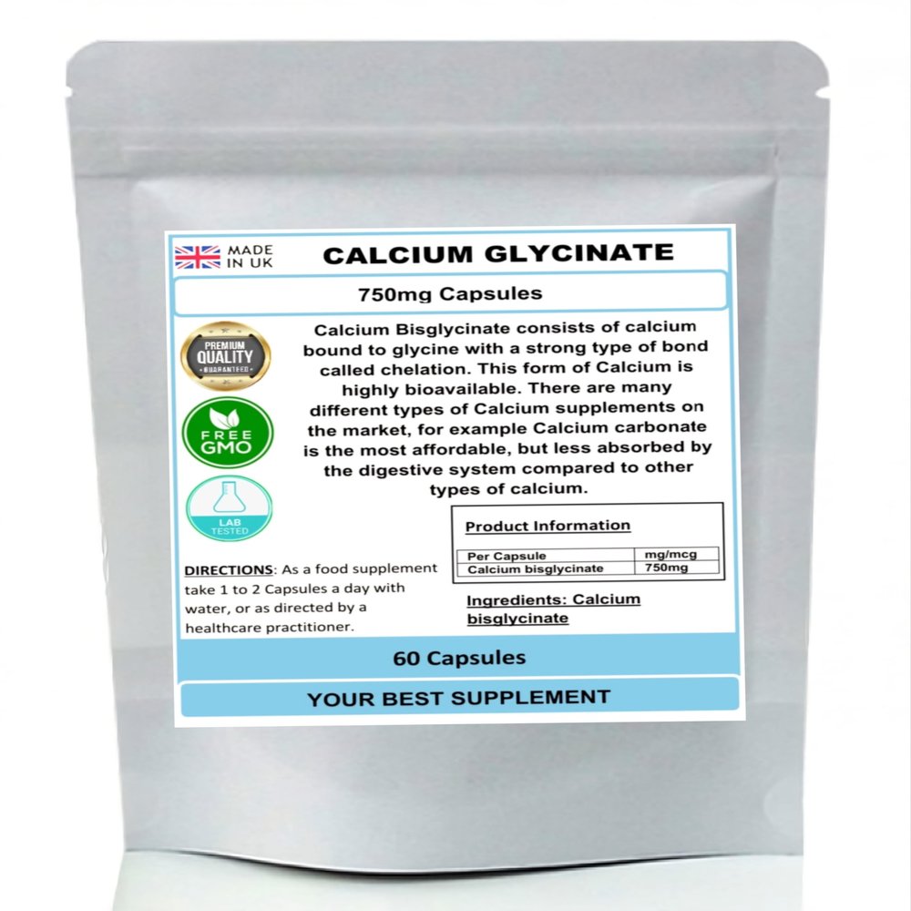 Calcium Glycinate Capsules 750mg (High Strength) Premium Quality, No Fillers (60)