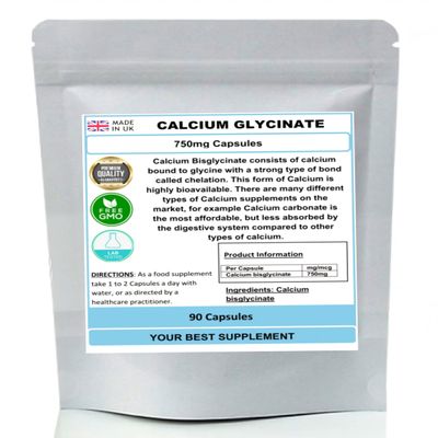 Calcium Glycinate Capsules 750mg (High Strength) Premium Quality, No Fillers (90)