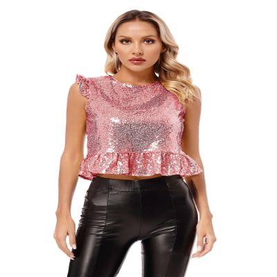 Agoky Womens Shiny Mermaid Costume Back Zipper Carnival Peplum Top Short Fly Sleeves Tops Pink M