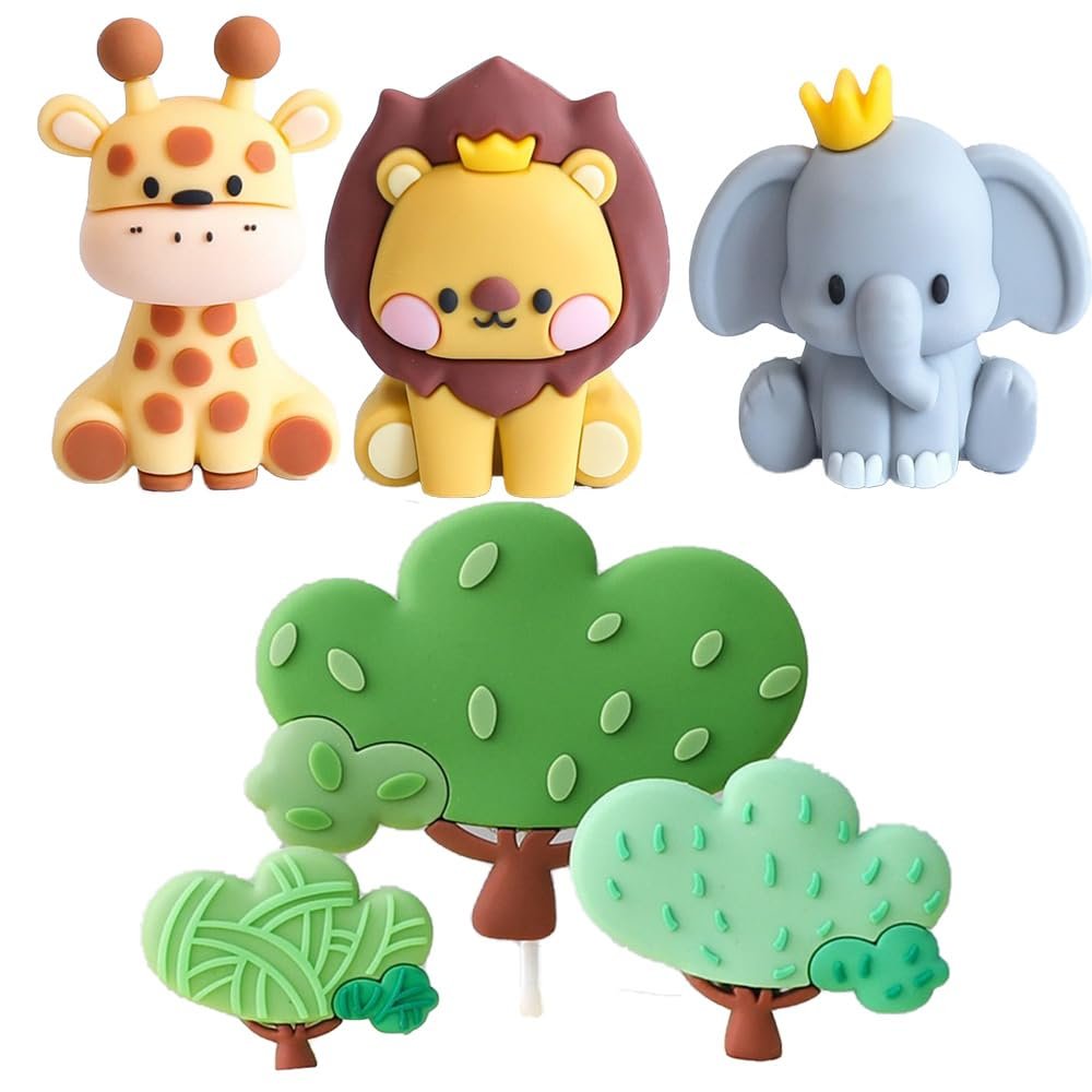 4Pcs Jungle Animal Cake Toppers, Cute Animal Theme Cake Topper Lion Elephant Giraffe Cake Decorations for Showers Birthday Party