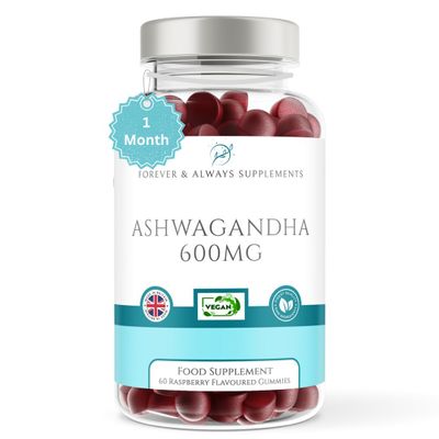 Ashwagandha Gummies High Strength 1200mg per serv with 5% Withanolides 60mg - Raspberry Flavoured Ashwagandha Root Extract Supplement for Men & Women - Mind, Sleep, Calm, Focus & Joint Support (60)