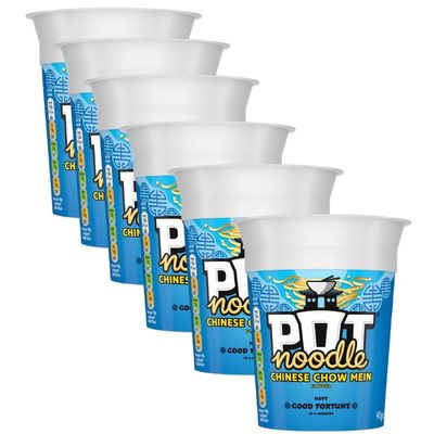 Pot Noodle Chinese Chow Mein 90g - 6 Pack | Noodles in a Chinese chow mein flavour sauce with vegetables and a little sachet of soy sauce.