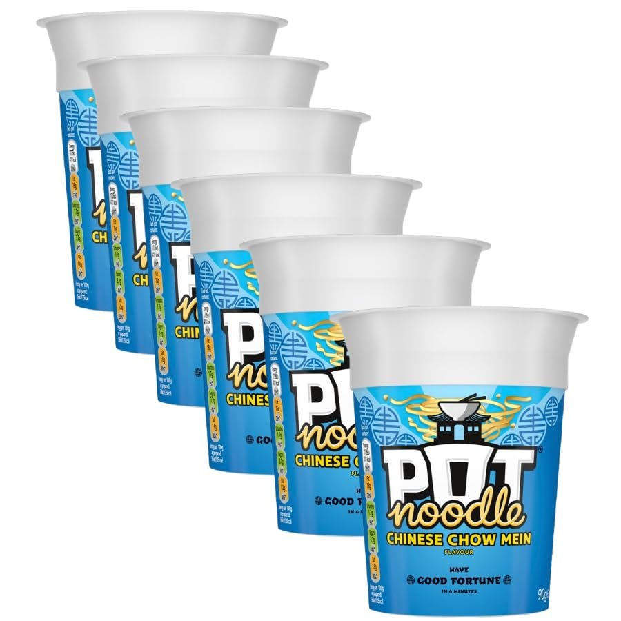 Pot Noodle Chinese Chow Mein 90g - 6 Pack | Noodles in a Chinese chow mein flavour sauce with vegetables and a little sachet of soy sauce.