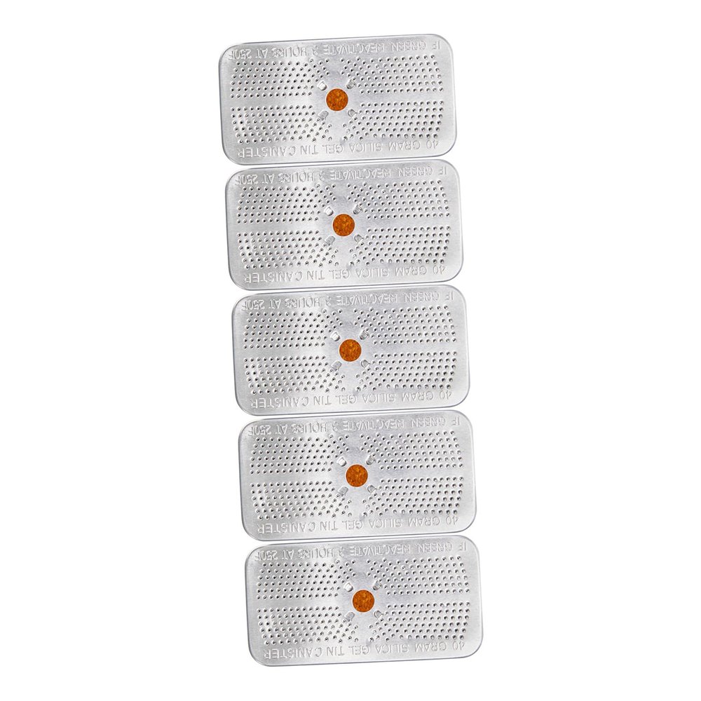 JECOMPRIS 5pcs Silica Gel Packets 40 Gram Moisture Absorbing Sachets Indicating Beads Reusable Aluminum Tin Canisters for Cameras and Wardrobes