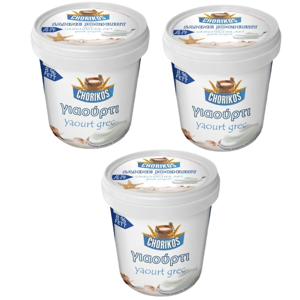 By Pufai Grocery, Chorikos Greek Sahne Yoghurt % 8 Fat 1000 Gramm x 3 yoghurt container