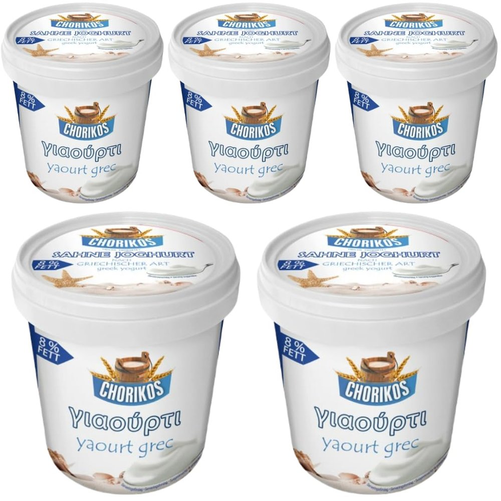 By Pufai Grocery, Chorikos Greek Sahne Yoghurt% 8 Fat 1000 Gramm x 5 yoghurt container