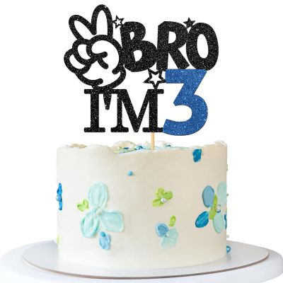 RoadSea Bro I'm 3 Cake Topper - Boy 3rd Birthday Cake Supplies - Three Years Old - Big Brother 3rd Birthday Party Decoration - Black Glitter