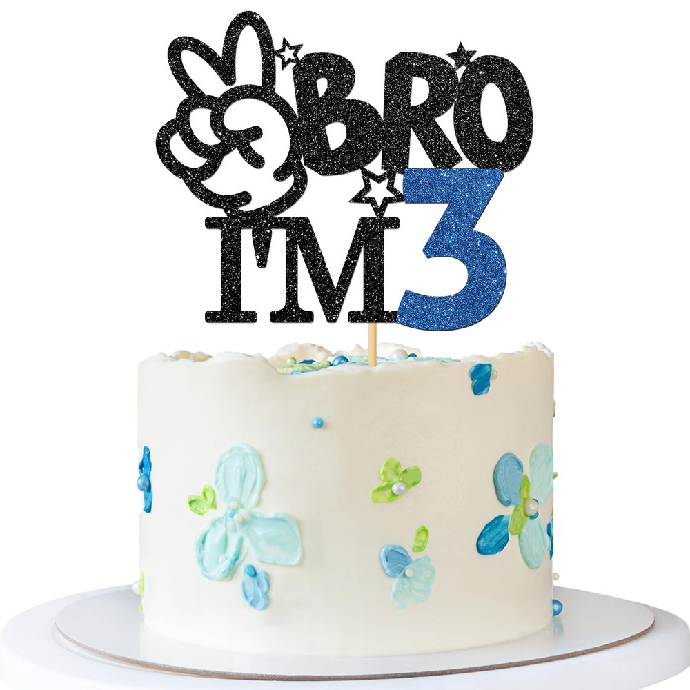 RoadSea Bro I'm 3 Cake Topper - Boy 3rd Birthday Cake Supplies - Three Years Old - Big Brother 3rd Birthday Party Decoration - Black Glitter