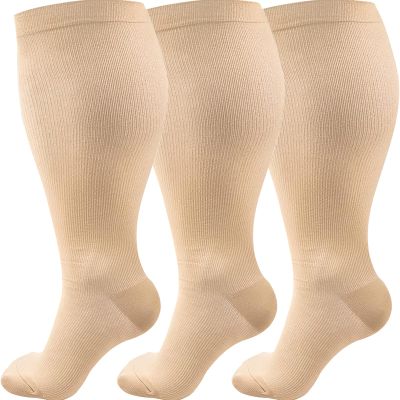 3 Pairs Plus Size Compression Socks (20-30 mmHg) for Women & Men, Wide Calf Extra Large Knee High Stockings for Nurses, Seniors (3XL)