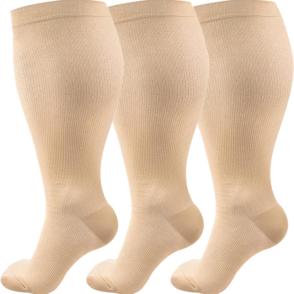 3 Pairs Plus Size Compression Socks (20-30 mmHg) for Women & Men, Wide Calf Extra Large Knee High Stockings for Nurses, Seniors (2XL)