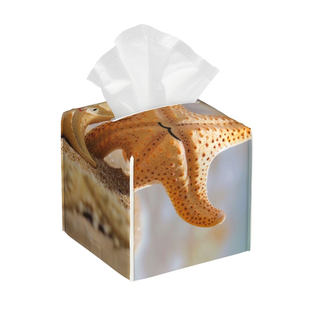 Cute Starfish Printed Tissue Box Cover | Square Leather Tissue Paper Holder for Home Hotel Car Office Decor