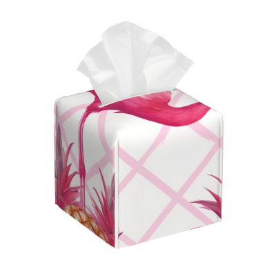 Flamingo Pineapple Stripe Printed Tissue Box Cover | Square Leather Tissue Paper Holder for Home Hotel Car Office Decor