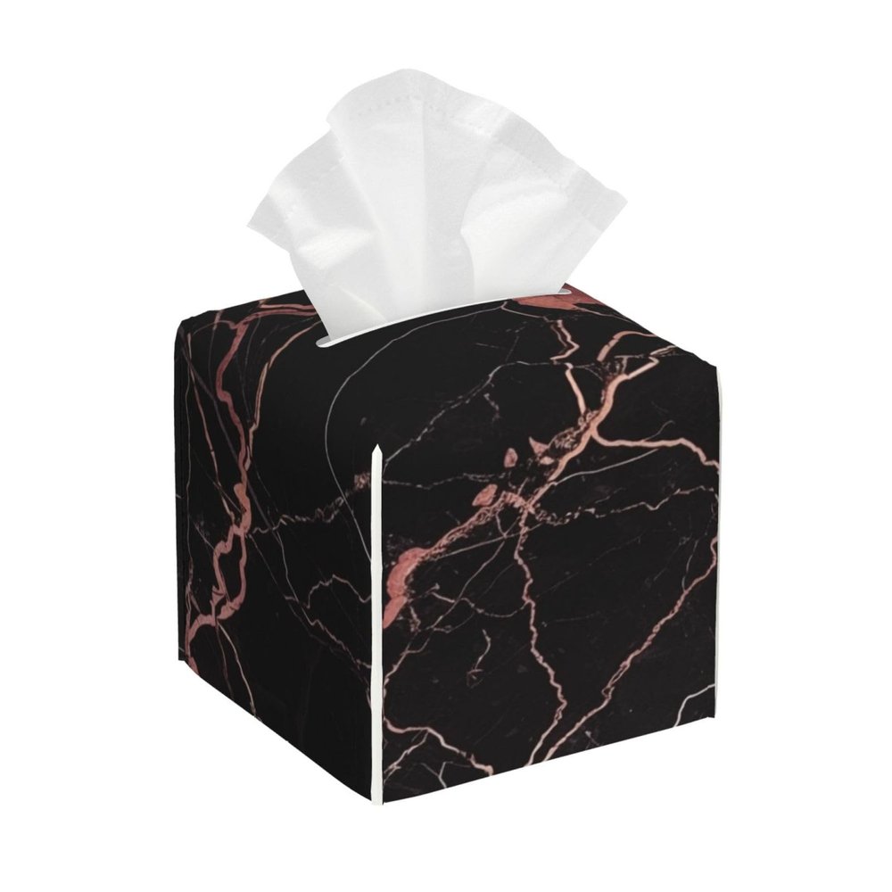 Black Rose Gold Marble Printed Tissue Box Cover | Square Leather Tissue Paper Holder for Home Hotel Car Office Decor