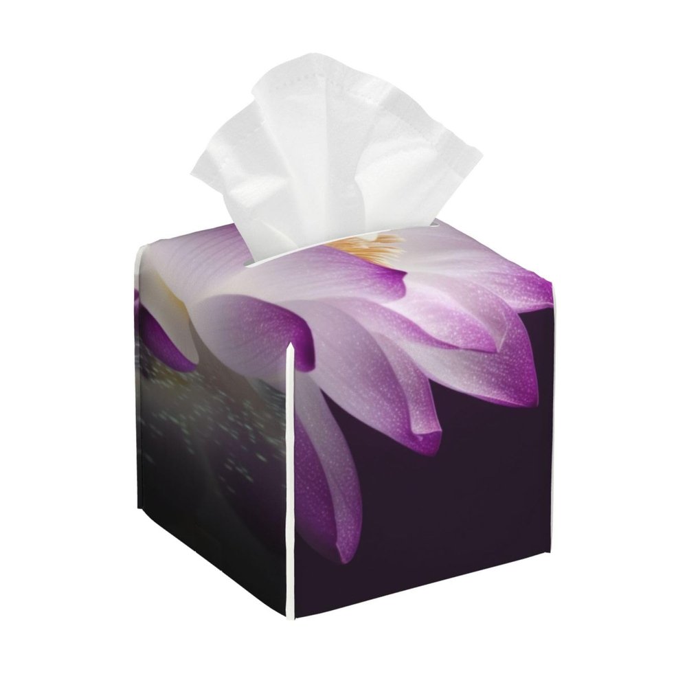 Beautiful Purple Lotus Flower Printed Tissue Box Cover | Square Leather Tissue Paper Holder for Home Hotel Car Office Decor
