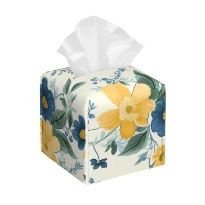 Blue Flower Yellow Floral Pattern Printed Tissue Box Cover | Square Leather Tissue Paper Holder for Home Hotel Car Office Decor