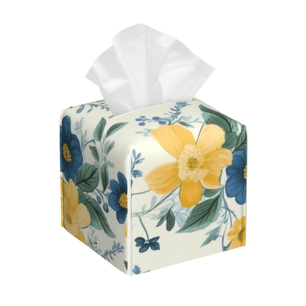 Blue Flower Yellow Floral Pattern Printed Tissue Box Cover | Square Leather Tissue Paper Holder for Home Hotel Car Office Decor
