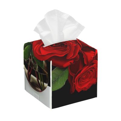 Red Rose Printed Tissue Box Cover | Square Leather Tissue Paper Holder for Home Hotel Car Office Decor